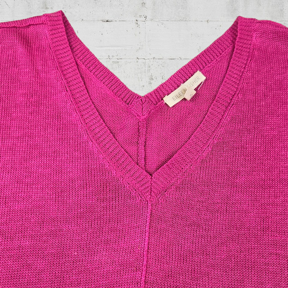 Eileen Fisher Barbie Pink Linen V Neck Cap Sleeve Relaxed Knit Blouse Size Large - Picture 2 of 8